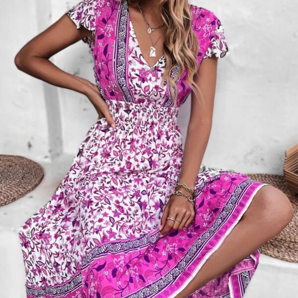 Floral Butterfly Sleeved Shirred waist Dress - Picture 3 of 6